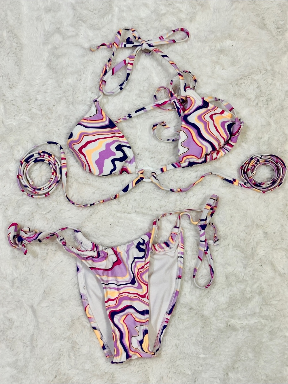 Colorful Abstract Strappy Bikini Set in Purple & Pink Yellow XS